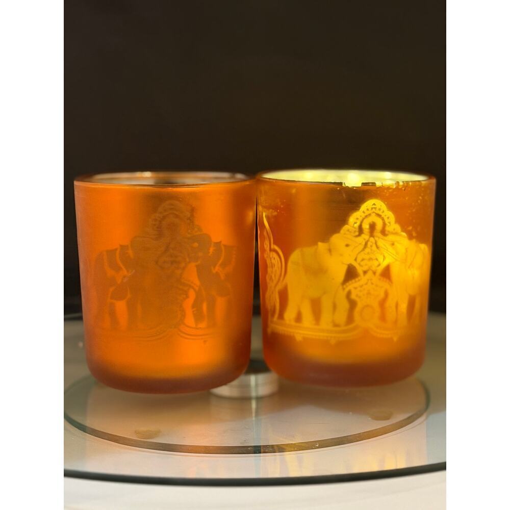 DW Home “African Sunset” Candle w Amber Etched Elephant Glass Holder Set